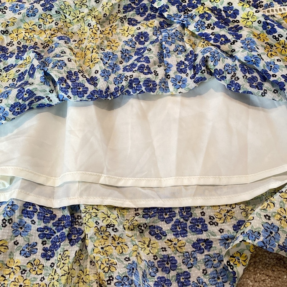 Lost + Wander Smocked Bodice S/S Blossom & Bloom Blue Yellow Floral Dress Sz L — image 5 of 8